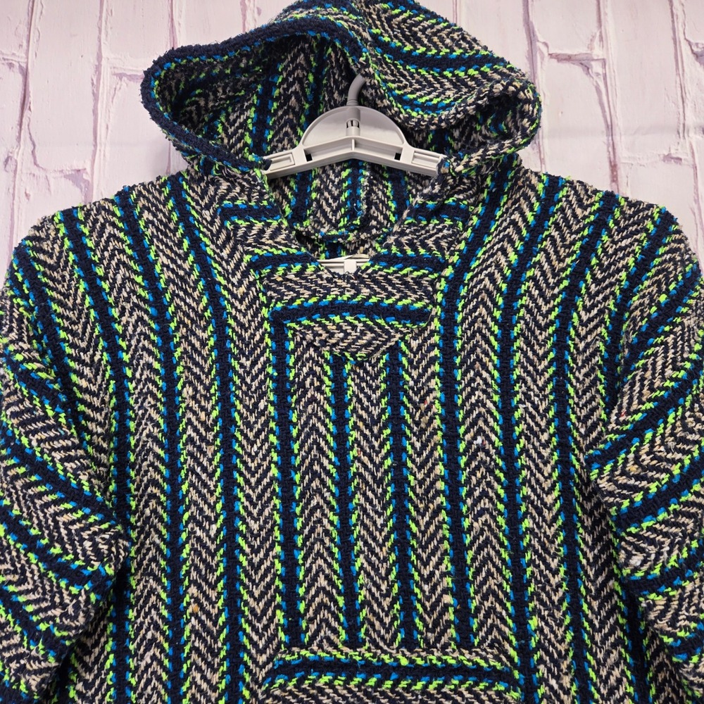 Baja Joe Striped Mexican Drug Rug Poncho Hoodie Navy Blue Lime Green Mens Medium